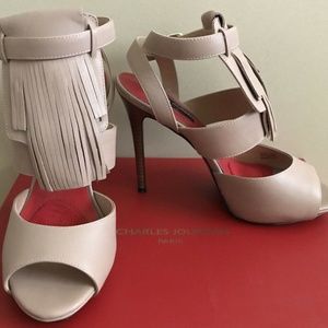 Charles Jourdan Oates Nude Leather Fringe Sandals Peep Toe Heels 7.5 Worn Once